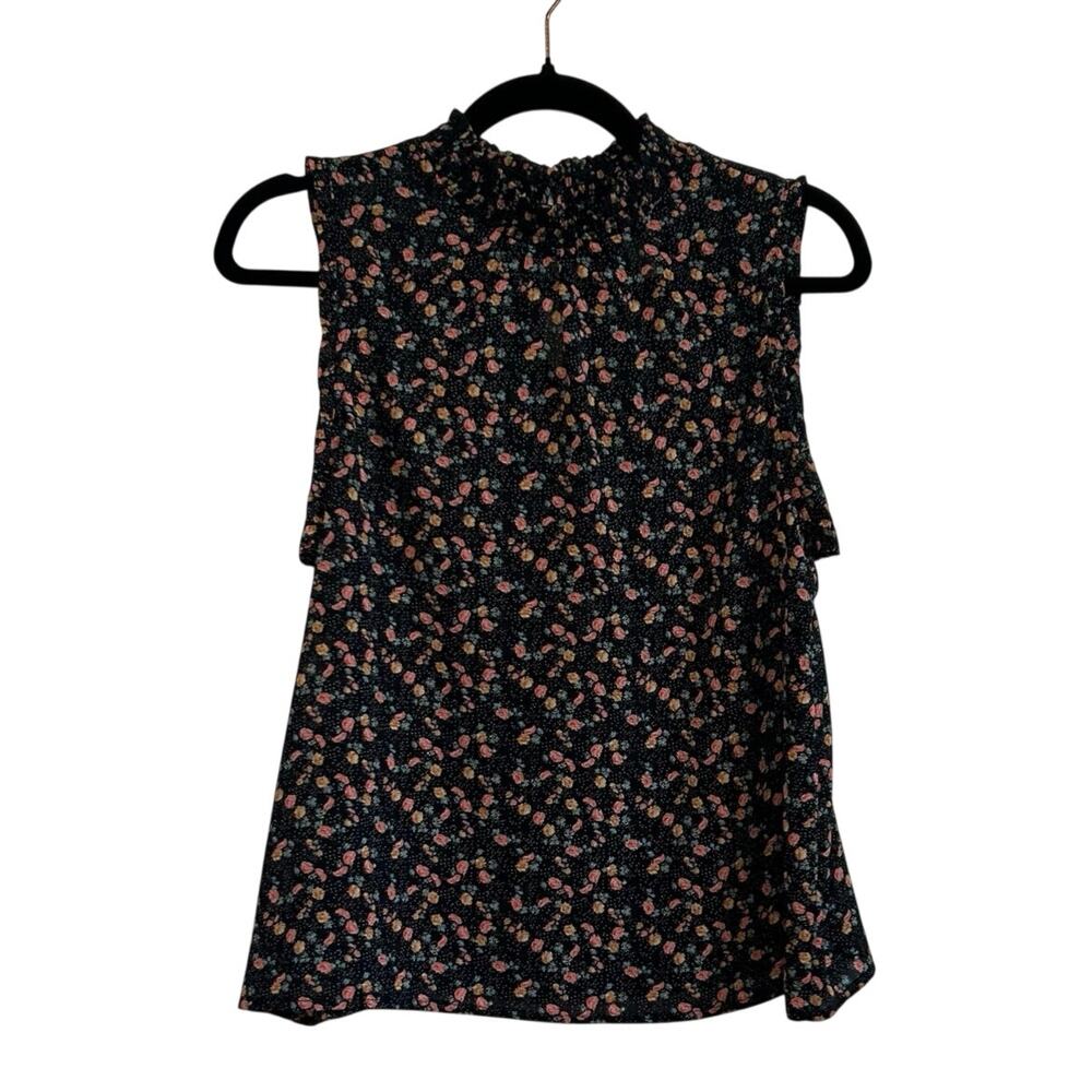 Black Pink Floral Sleeveless Mock Neck M Smocked Top Ruffle Y2K Romantic Goth